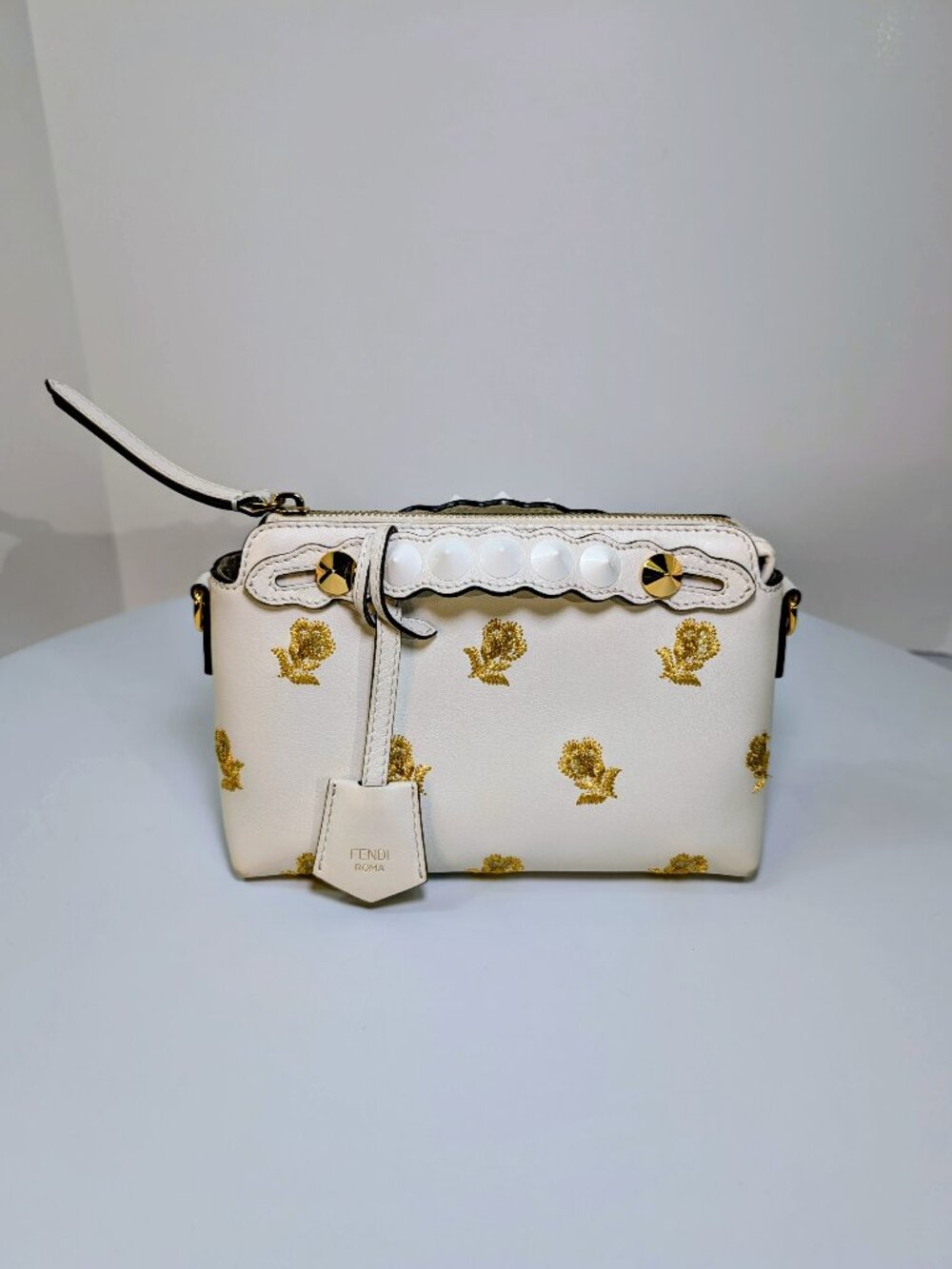 Fendi White "By The Way" Mini Boston Bag with Gold Floral Embroidery